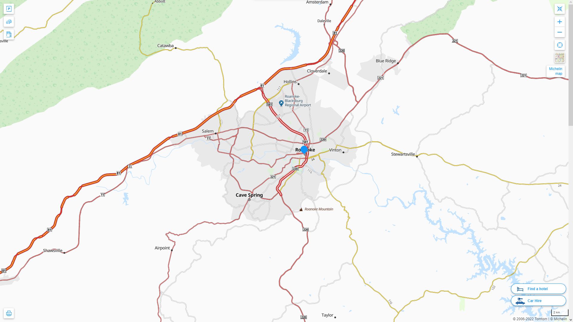 Roanoke Virginia Highway and Road Map